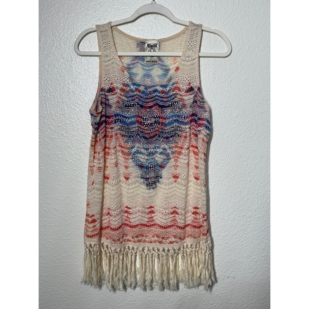 Vocal Womens Small Southwestern Rhinestone Fringe‎ Lace Tank Top Red Blue